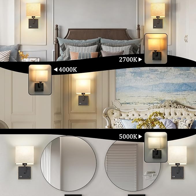 AVV Wall Sconce Lighting, Bedside Wall Mount Light with USB Port, AC Outlet and 3 Color 2700K/4000K/5000K Selectable, Fabric Linen Shade, Wall Lamps for Bedroom Living Room Hotel, Hardwire, Black, 2PK
