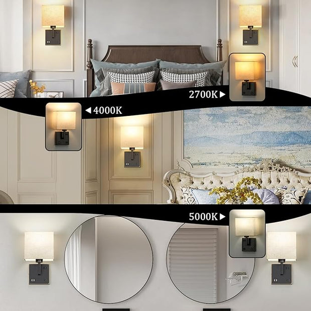 AVV Wall Sconce Lighting, Bedside Wall Mount Light with USB Port, AC Outlet and 3 Color 2700K/4000K/5000K Selectable, Fabric Linen Shade, Wall Lamps for Bedroom Living Room Hotel, Hardwire, Black, 2PK