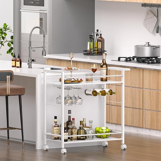Bar Cart,Home Bar Serving Cart with Storage Shelves, 2 Tier Rolling Beverage Cart with Wheels, Modern Elegant White Wine Cart with Wine Rack and Glass Holder for Kitchen, Dinning Room,Living Room