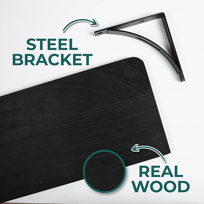 Reinforced Steel Bracket Black Shelves for Bathroom Wall - Easy to Install, Template and Video Included - Black Shelf for Bedroom, Long Wood Wall Shelves, Book Shelf