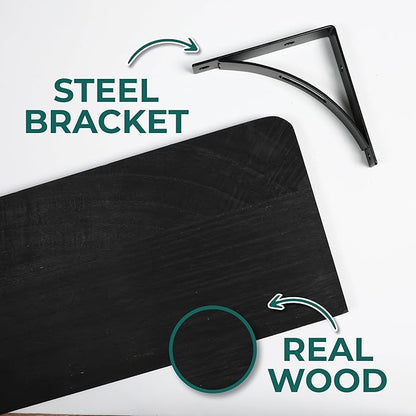 Reinforced Steel Bracket Black Shelves for Bathroom Wall - Easy to Install, Template and Video Included - Black Shelf for Bedroom, Long Wood Wall Shelves, Book Shelf