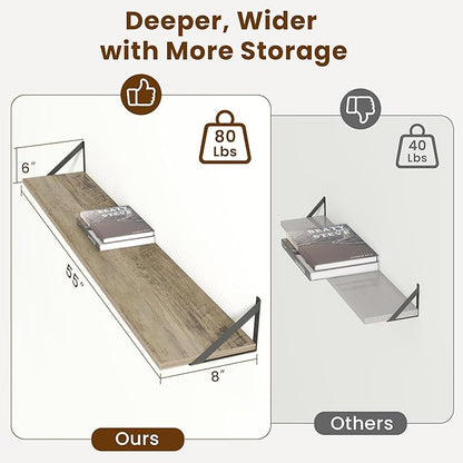 55" Long Wall Mounted Floating Shelves,8 inch Deep Floating Shelf with Metal Brackets Set of 2,Easy-to-Install Wall Decor Storage Ledges for Living Room,Bathroom,Bedroom,Kitchen,Office,Grey