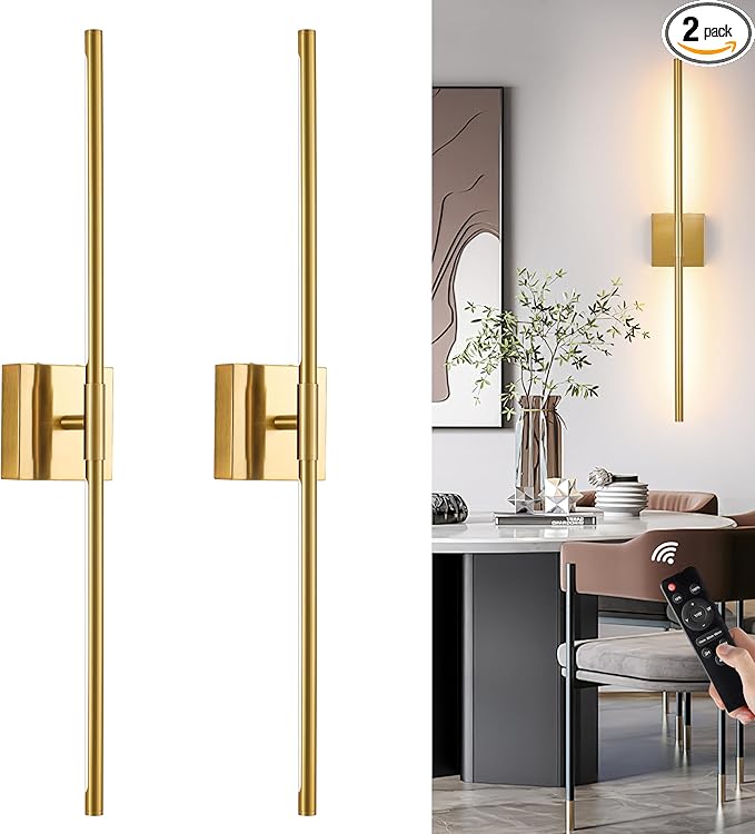 30″ Gold Battery Operated Wall Sconces Set of 2, Dimmable Wall Sconces with Remote Control, Rechargeable Sconces Wall Lighting, LED Wireless Wall Lights for Bedroom, Living Room, Bathroom