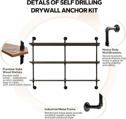 3-Tier Industrial Pipe Floating Shelf – Rustic 48 inch Wood Wall-Mounted Storage Shelf for Kitchen Office,Bathroom & Home Decor -Black