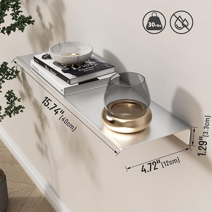 Danpoo Adhesive Floating Shelf for Wall Storage, Metal Wall Shelf for Bathroom/Living Room/Kitchen/Bedroom, Display Shelf for Collectibles(Silver, 16