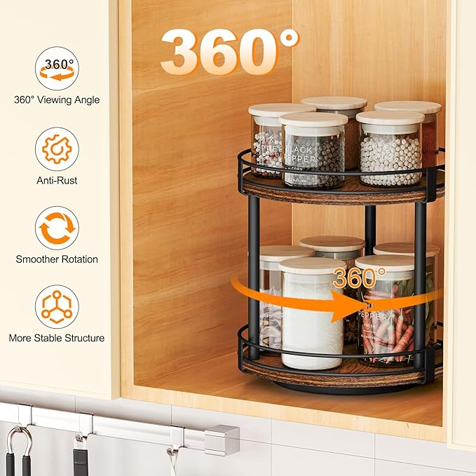 Snughome Rotating Spice Rack, 2 Tier Lazy Susan Organizer, Wood Kitchen Countertop Organizer, Brown Lazy Susan Turntable for Cabinet, 10.2" x 10.2" x 10.4"
