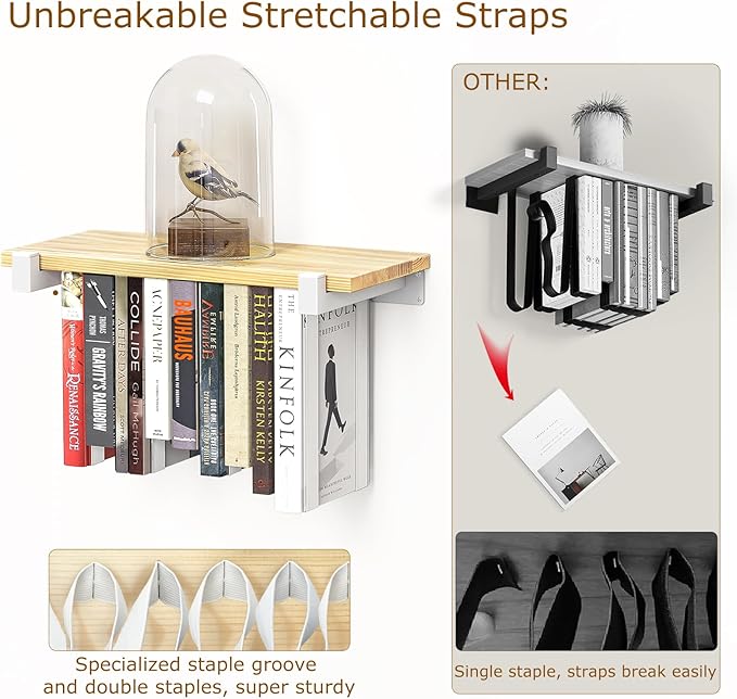 2 Set of Floating Bookshelf with White Shelf Brackets, Pine Wood Invisible Bookshelf, Hanging Bookshelves for Wall, Unique Space Saving Wall Bookcase, White(16.5L×8.7W×1.5H)