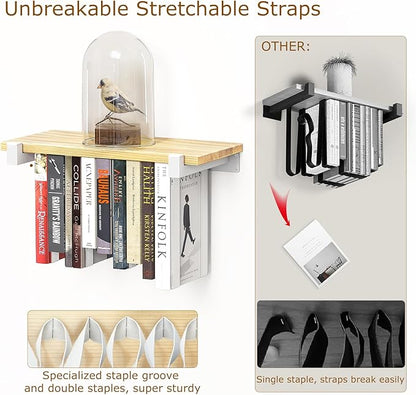 2 Set of Floating Bookshelf with White Shelf Brackets, Pine Wood Invisible Bookshelf, Hanging Bookshelves for Wall, Unique Space Saving Wall Bookcase, White(16.5L×8.7W×1.5H)