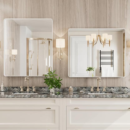 White Bathroom Mirror 30x36 Inch, White Metal Framed Bathroom Mirror for Wall, Rounded Rectangle Matte Bathroom Vanity Mirror, Tempered Glass, Anti-Rust, Horizontal/Vertical