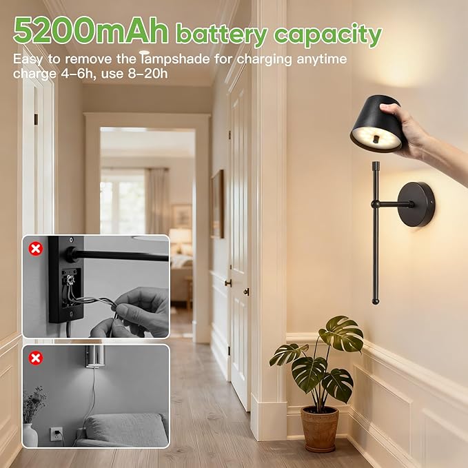 Kimjo Battery Operated Wall Sconce Set of 2, Rechargeable Wireless Wall Sconces Light with Dimmable Timer Remote, 5200mAh Black Cordless Wall Light for Bedroom Living Room Hallway Decor
