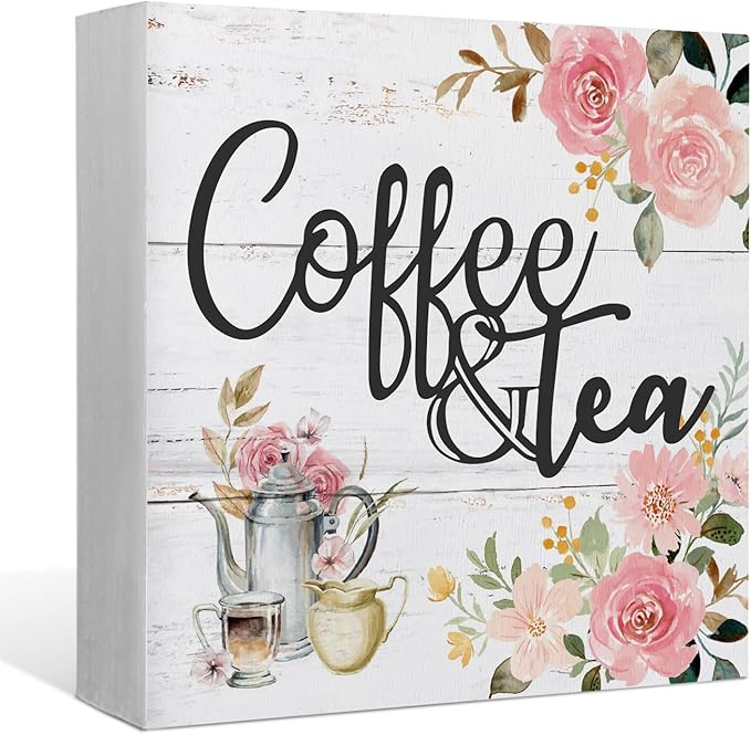 Coffee and Tea Pink Floral Wood Box Sign Desk Decor,Rustic Wooden Block Sign Decorations for Home Kitchen Office Coffee and Tea Bar Wall Tabletop Shelf Decor