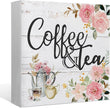 Coffee and Tea Pink Floral Wood Box Sign Desk Decor,Rustic Wooden Block Sign Decorations for Home Kitchen Office Coffee and Tea Bar Wall Tabletop Shelf Decor