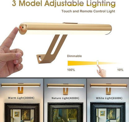 Picture Light 2 Pack, Rechargeable Picture Light for Paintings with Remotes, Wireless Picture Frame Light, 3 Lighting, 300LM Battery Operated Art Light for Display, Picture-Gold