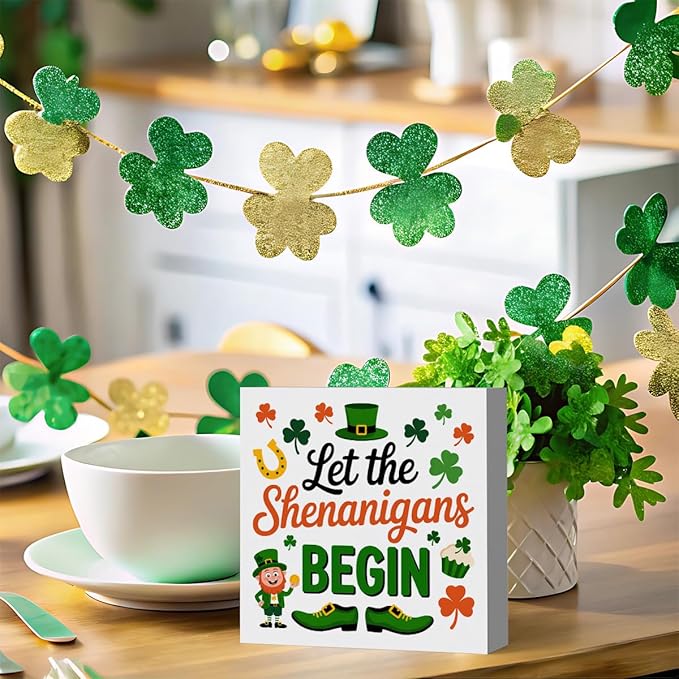 St Patricks Day Decor Let the Shenanigans Begin Rustic Shamrock Wood Sign Home Tabletop Shelf Desk Decor May Your Pockets Be Heavy St Patricks Day Decorations 5 X 5 Inches