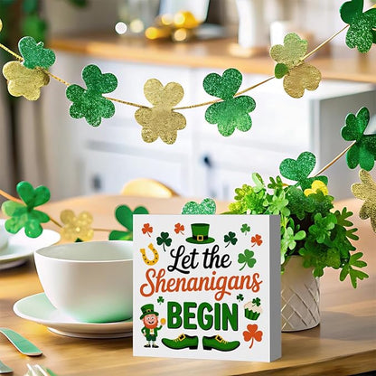St Patricks Day Decor Let the Shenanigans Begin Rustic Shamrock Wood Sign Home Tabletop Shelf Desk Decor May Your Pockets Be Heavy St Patricks Day Decorations 5 X 5 Inches