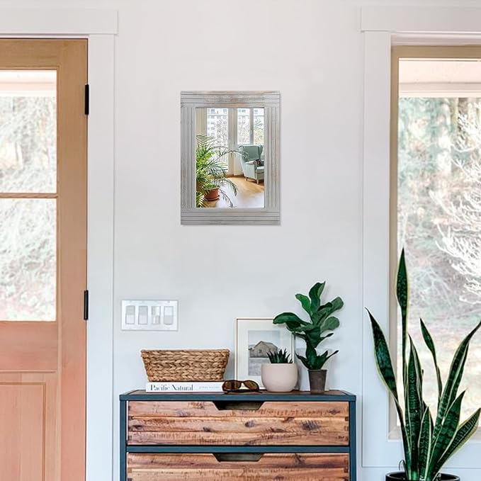 Rustic Wall Mirror Farmhouse, with Frame Wood Wall Mirror Rectangle Antique Decor Hanging Mirror for Bathroom Living Room Bedroom Entryway Small 16