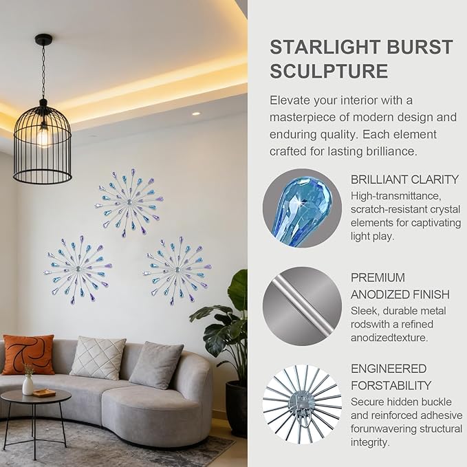 ZEXUIRU 3 Pack Silver Sunburst Wall Decor – Metal Crystal Wall Art with Sparkling Rhinestones, 14’’/18 Inch Starburst Wall Hanging Set for Living Room Bedroom Bathroom – Modern Bling Home Decorations