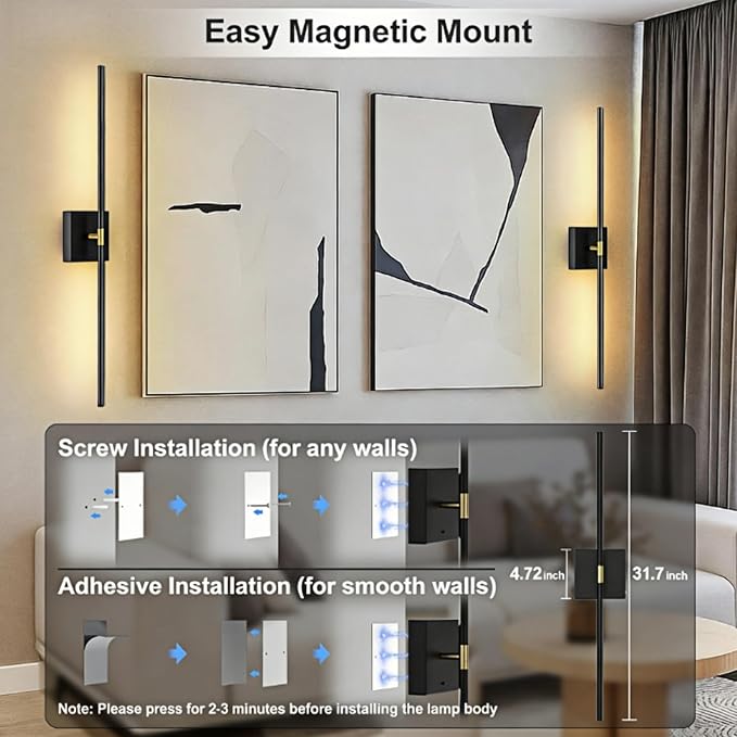 iThird Battery Operated Wall Sconces Set of 2: 10000mAh Rechargeable Wireless Wall Lights, 360° Rotatable Magnetic Wall Lamp, 4CCT Dimmable LED Wall Lighting for Bedroom Living Room Hallway, 31.7in