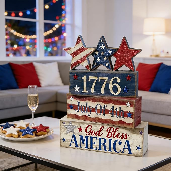 4th of July Table Decorations Patriotic Memorial Day Tiered Tray Decor Wooden Star Block Signs Independence Farmhouse 250th July Fouth Centerpiece for Tables Wooden Sign for Home Decor