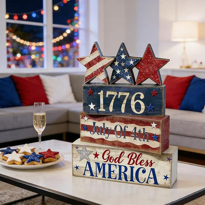 4th of July Table Decorations Patriotic Memorial Day Tiered Tray Decor Wooden Star Block Signs Independence Farmhouse 250th July Fouth Centerpiece for Tables Wooden Sign for Home Decor