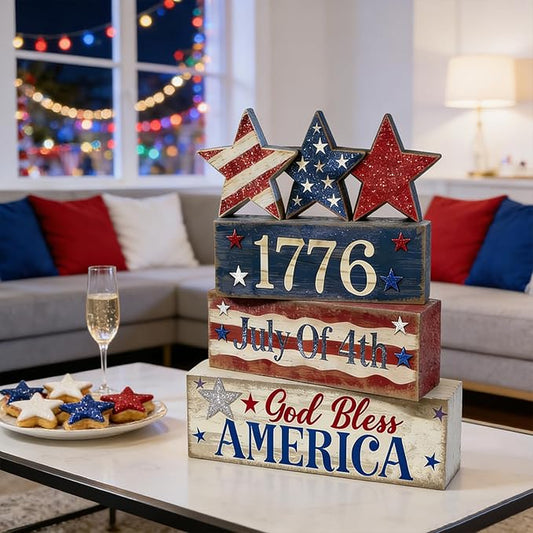 4th of July Table Decorations Patriotic Memorial Day Tiered Tray Decor Wooden Star Block Signs Independence Farmhouse 250th July Fouth Centerpiece for Tables Wooden Sign for Home Decor