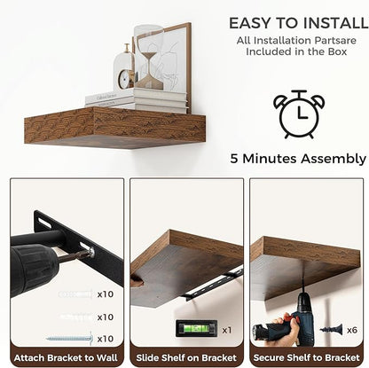 Square Floating Shelves for Wall, 12" W x 12" D x 2" H, 2 Pack of Small Wall Mounted Engineered Wood Shelves with Invisible Brackets for Living Room, Bedroom, Bathroom, Kitchen Decor, Brown
