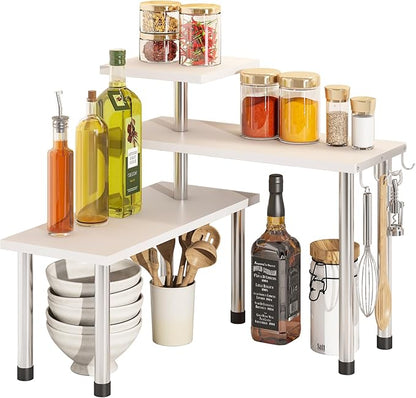 BMOSU Kitchen Corner Shelf Countertop Organizer with Hooks Adjustable Spice Rack Corner Display Rack Shelf Cabinet Counter Shelves(White)
