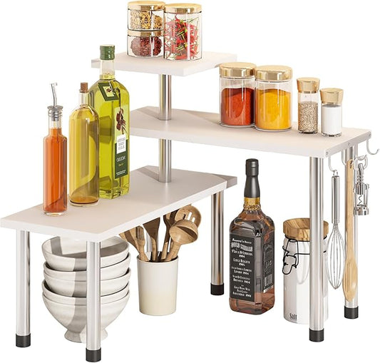 BMOSU Kitchen Corner Shelf Countertop Organizer with Hooks Adjustable Spice Rack Corner Display Rack Shelf Cabinet Counter Shelves(White)