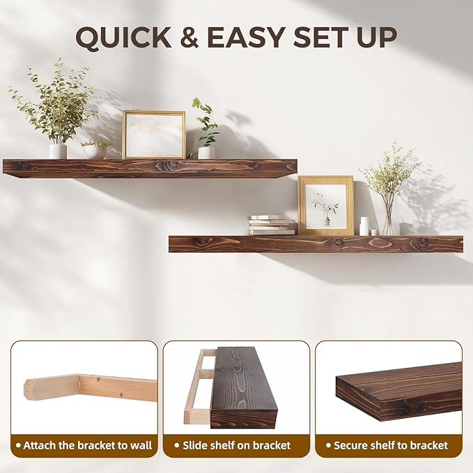 48x6.8x2in Floating Shelf – Natural Brown Solid Wood Rustic Mounted Shelf – Heavy Duty Decorative Storage for Living Room, Kitchen, Bathroom, Bedroom