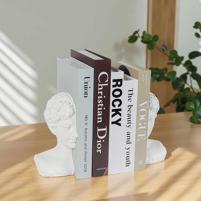 Modern Decorative Stone Bookends, Heavy Duty Book Ends Unique for Heavy Books, Cool Vintage Book Ends for Shelves & Office Desk, Thinker Sculpture Bookends