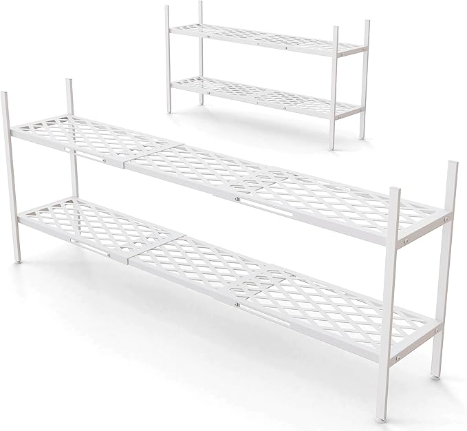 Shoe Rack, Expandable Shoes Organizer Metal Shelf Stand, 2 Tier Stackable Long Shoe Storage Holder For Closet, Floor, Entryway, Garage, Bedroom, Door Entrance For 12-18 Pairs, 45.6 inches White