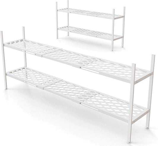 Shoe Rack, Expandable Shoes Organizer Metal Shelf Stand, 2 Tier Stackable Long Shoe Storage Holder For Closet, Floor, Entryway, Garage, Bedroom, Door Entrance For 12-18 Pairs, 45.6 inches White