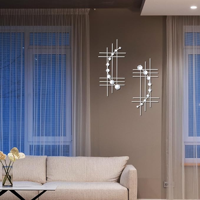 ZEXUIRU 2 Pack Silver Abstrac Wall Decor – Metal Crystal Wall Art with Sparkling Rhinestones, 16.5’’/24 Inch Wall Hanging Set for Living Room Bedroom Bathroom – Modern Bling Home Decorations