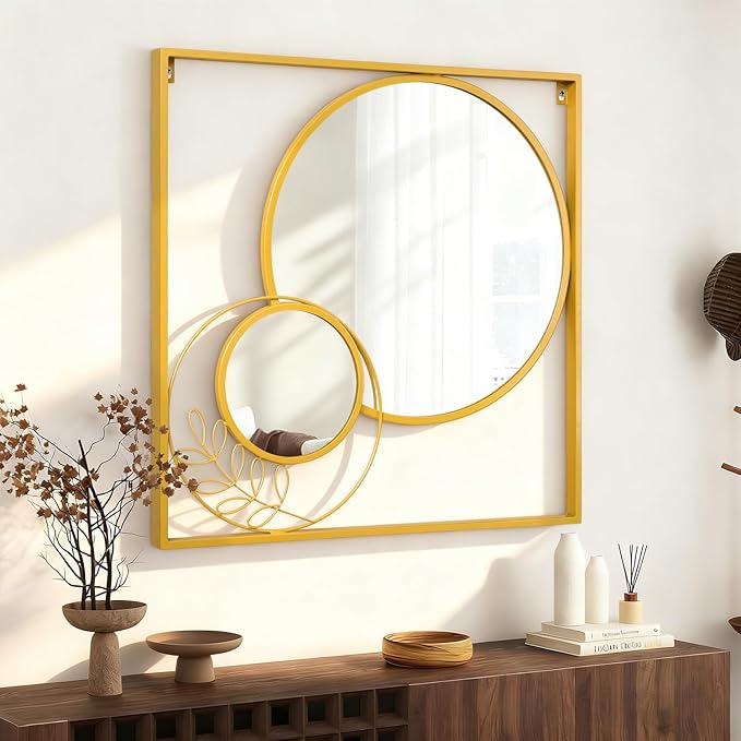 Gold Wall Mounted Mirror Set, Golden Metal Framed Square Mirror Modern Art Mirrors for Bedroom Living Room Bathroom 24x24 Inch Decor
