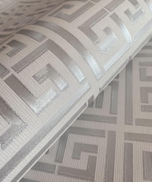 17.7"x236.0"Greek Key Peel and Stick Wallpaper Modern Classic Geometric Trellis Self Adhesive Wallpaper Silver/White Textured Vinyl Contact Paper Washable