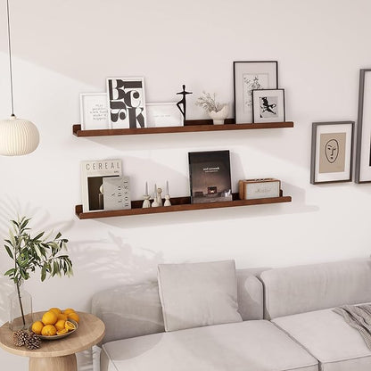 48 Inch Floating Shelves for Wall - Wood Picture Ledge Shelf Set of 2 - Dark Wood Wall Shelves with Lip - Walnut Picture Shelf Photo Ledge