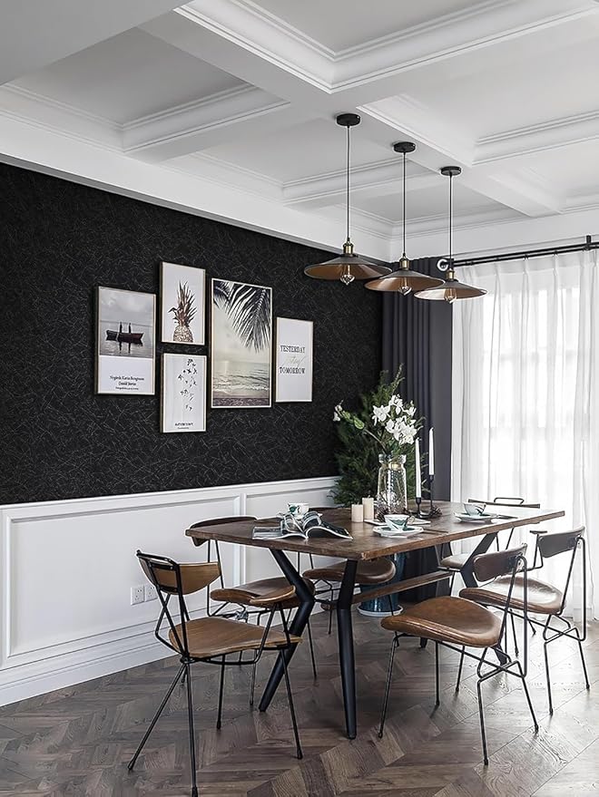 Safiyya 17.3 inch X 590 inch Wallpaper Black Silk Textured Wallpaper Peel and Stick Modern Solid Color Wall Paper Removable Contact Paper for Bedroom Vinyl Rolls