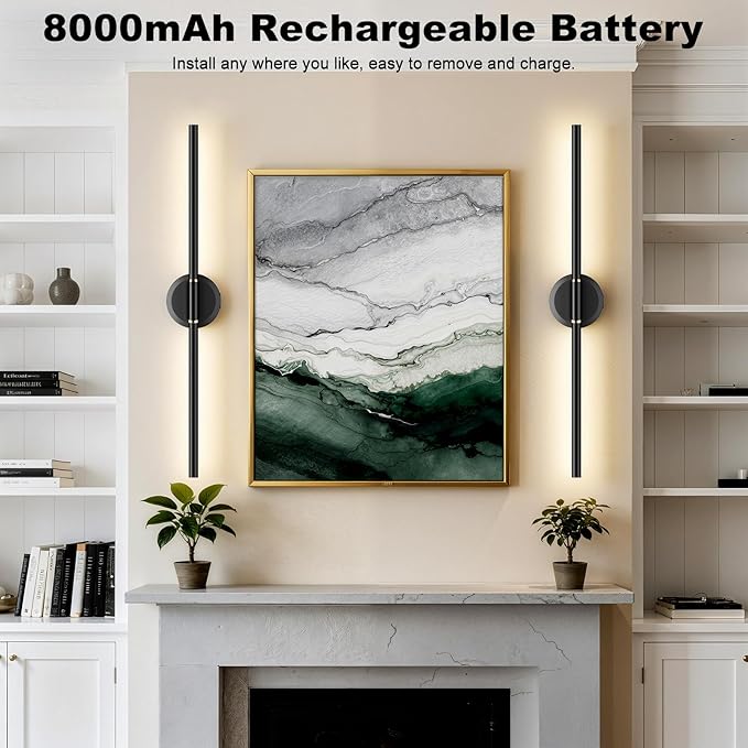 Battery Operated Wall Sconces Set of 2, Dimmable 8000mAh Rechargeable Wall Lights, LED Wall Lamp with Remote Control