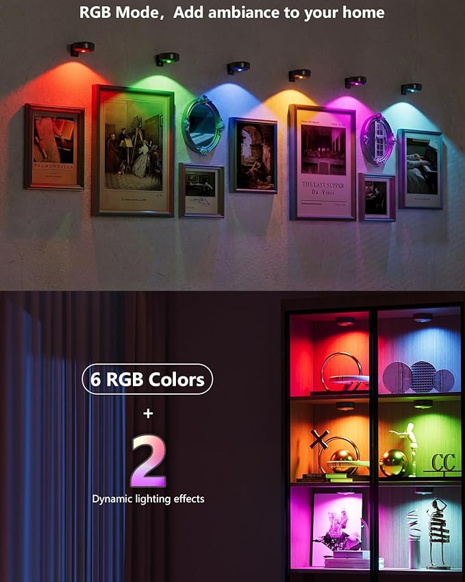 Picture Lights for Wall, 2000mAh Rechargeable Magnetic Poster Lights with Remote, 3 Color Temps & RGB Dimmable Timer, Wall Decor Light for Art Display, Frame (6 Pack)