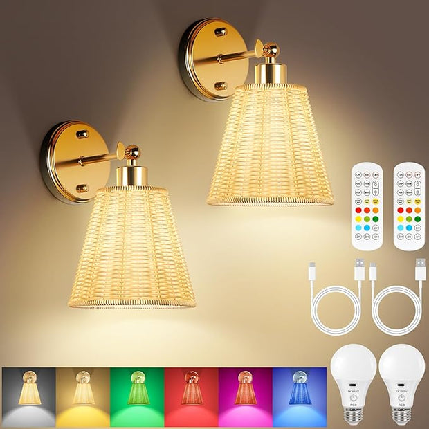 Frideko Swing Arm Rechargeable Battery Operated Wall Sconces Set of Two with Remote, RGB 15 Colors Dimmable Wall Light with Plastic Lampshade, 4 Timer Indoor Boho Wireless Sconce Lighting for Bedroom