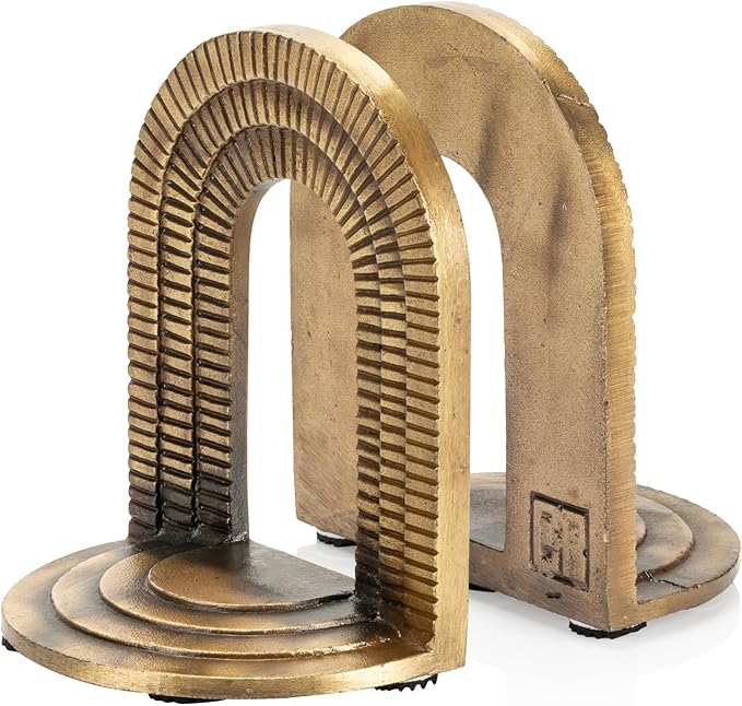 CRAFTSMAN ROAD Cast Iron Brick Arch Bookends Set, Antique Brass Book Ends, 2 Decorative Book Holders for Shelves or Bookcase, Stylish Brass, Non-Skid Anti-Slip Heavy Duty, Home Décor Gift