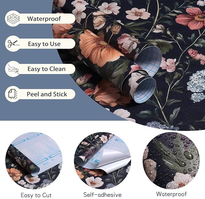 Livebor Floral Peel and Stick Wallpaper Vintage Floral Contact Paper 16.9