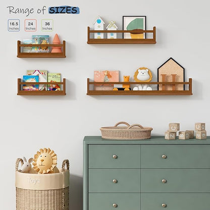 Dark Wood Wall Bookshelf for Kids Bedroom, 36 Inch Floating Nursery Bookshelf for Baby Girl Boy Room, Wooden Hanging Toddler Book Shelves for Wall (36 inch, Walnut Brown, 3-Pack)