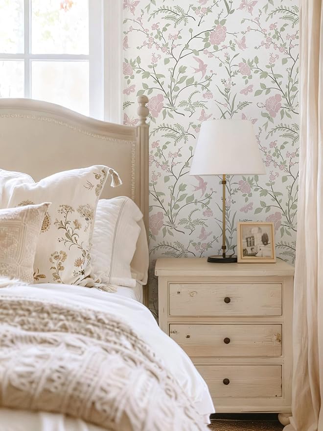 Floral Wallpaper Pink/Green Wallpaper Vintage Peel and Stick Wall Paper Boho Botanical Contact Paper for Cabinets Bird Butterfly Renter Friendly Self-Adhesive Bathroom Bedroom 78.7"×17.3"