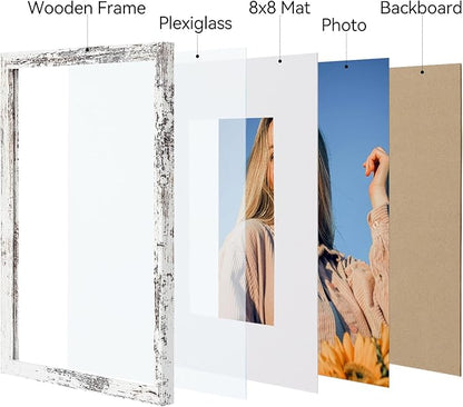 Vittanly 12x12 Picture Frames Set of 4, Display Pictures 8x8 with Mat or 12x12 without Mat, Gallery Frame for Wall Display, Engineered Wood with Shatter Resistant Plexiglass, Distressed White