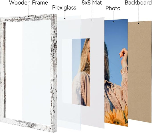 Vittanly 12x12 Picture Frames Set of 4, Display Pictures 8x8 with Mat or 12x12 without Mat, Gallery Frame for Wall Display, Engineered Wood with Shatter Resistant Plexiglass, Distressed White