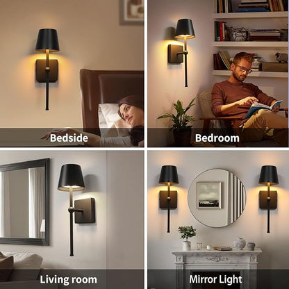 Battery Operated Wall Sconce Rechargeable Wireless Cordless Wall lamp Decor Set of one Black for Bedroom Living Room Bedside