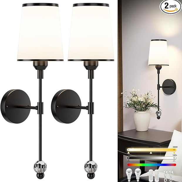 PAIHOME Wall Sconces Set of Two Battery Operated, Rechargeable Wireless Sconces with 5000mAh Dimmable 15 Colors Bulb and Remote, Black Wall Sconce for Bedroom Living Room Bathroom Hallway