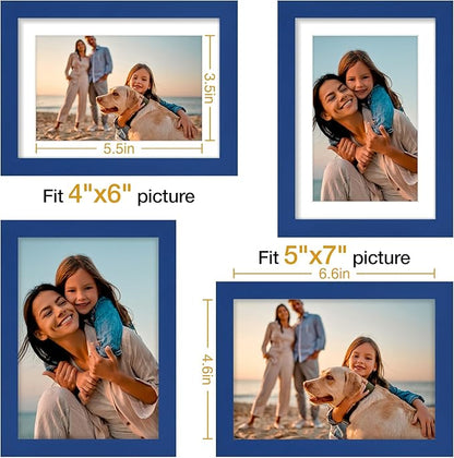 Vittanly 5x7 Picture Frames Set of 4, Display Pictures 4x6 with Mat or 5x7 without Mat, Small Photo Frames for Wall or Tabletop Display, Engineered Wood with Shatter Resistant Plexiglass, Royal Blue