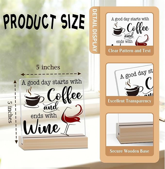 Coffee Bar Acrylic Decor Sign With Wood Stand, A Good Day Starts With Coffee And Ends With Wine Sign For Farmhouse Home Kitchen Bar Shelf Table, Gifts For Family Friend Coworker, A01